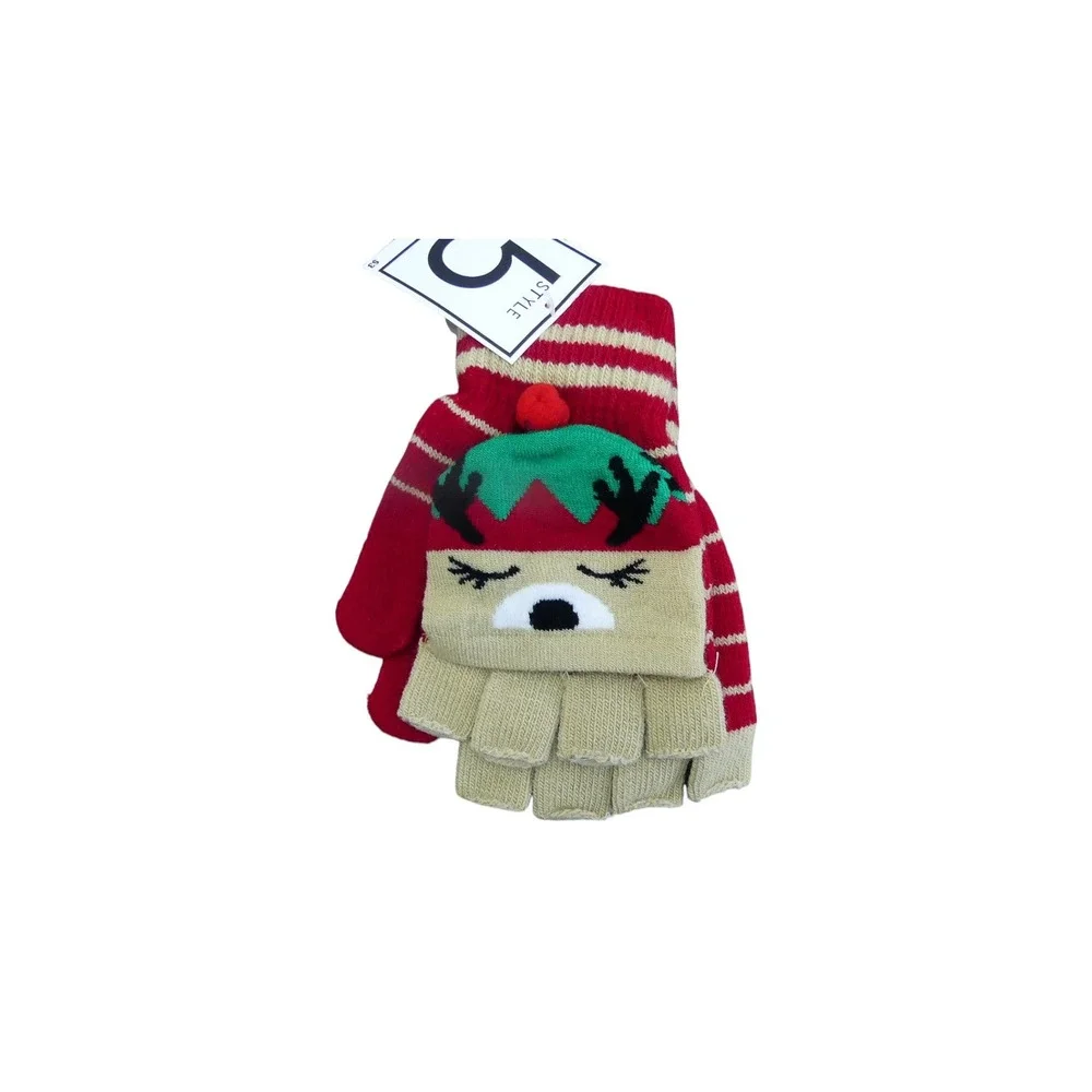Style 5 Convertible Mitten Gloves Kids One Size Red NWT Reindeer Holiday Knit